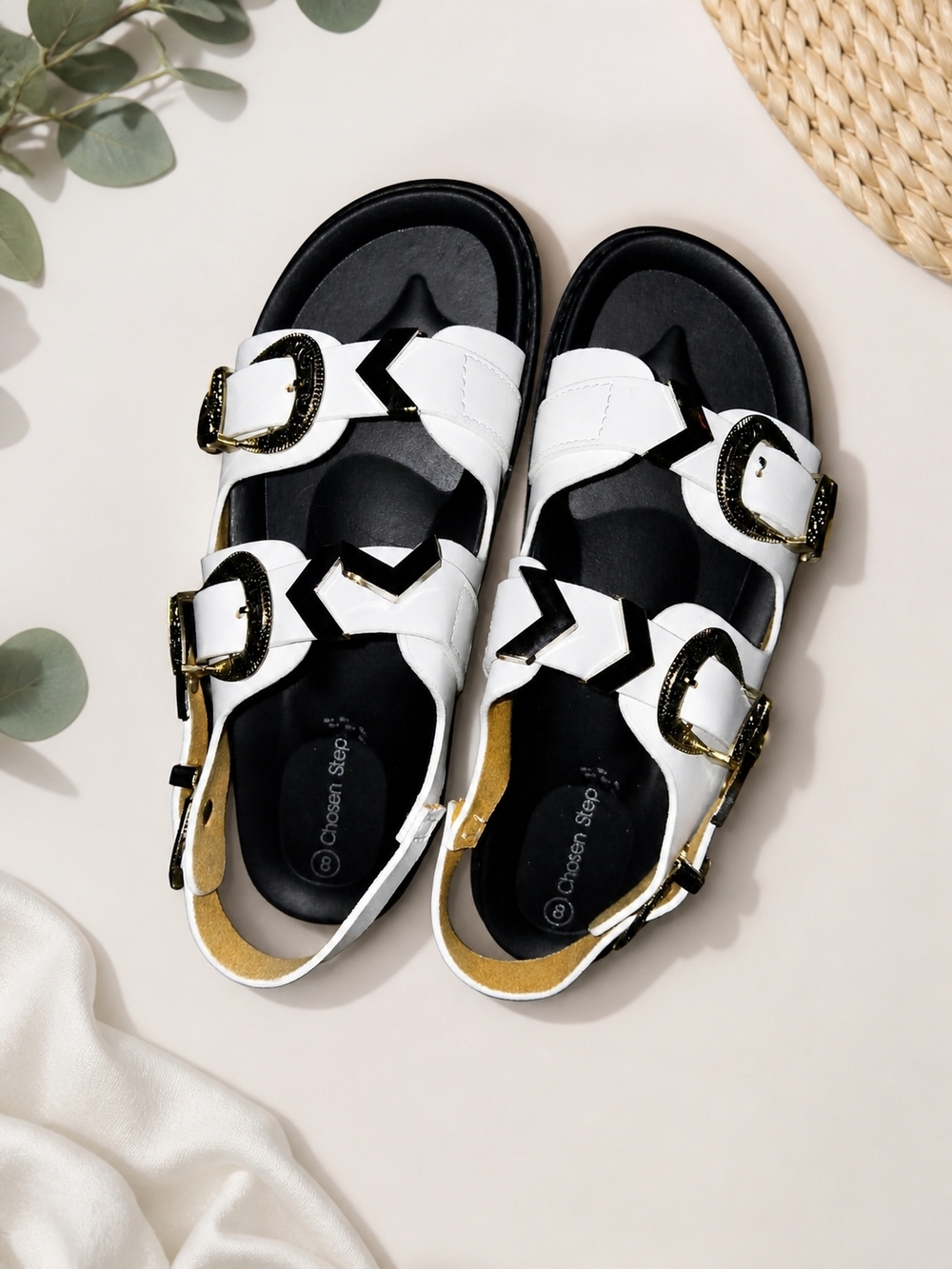 White Sandals Women Gold Accents Buckle